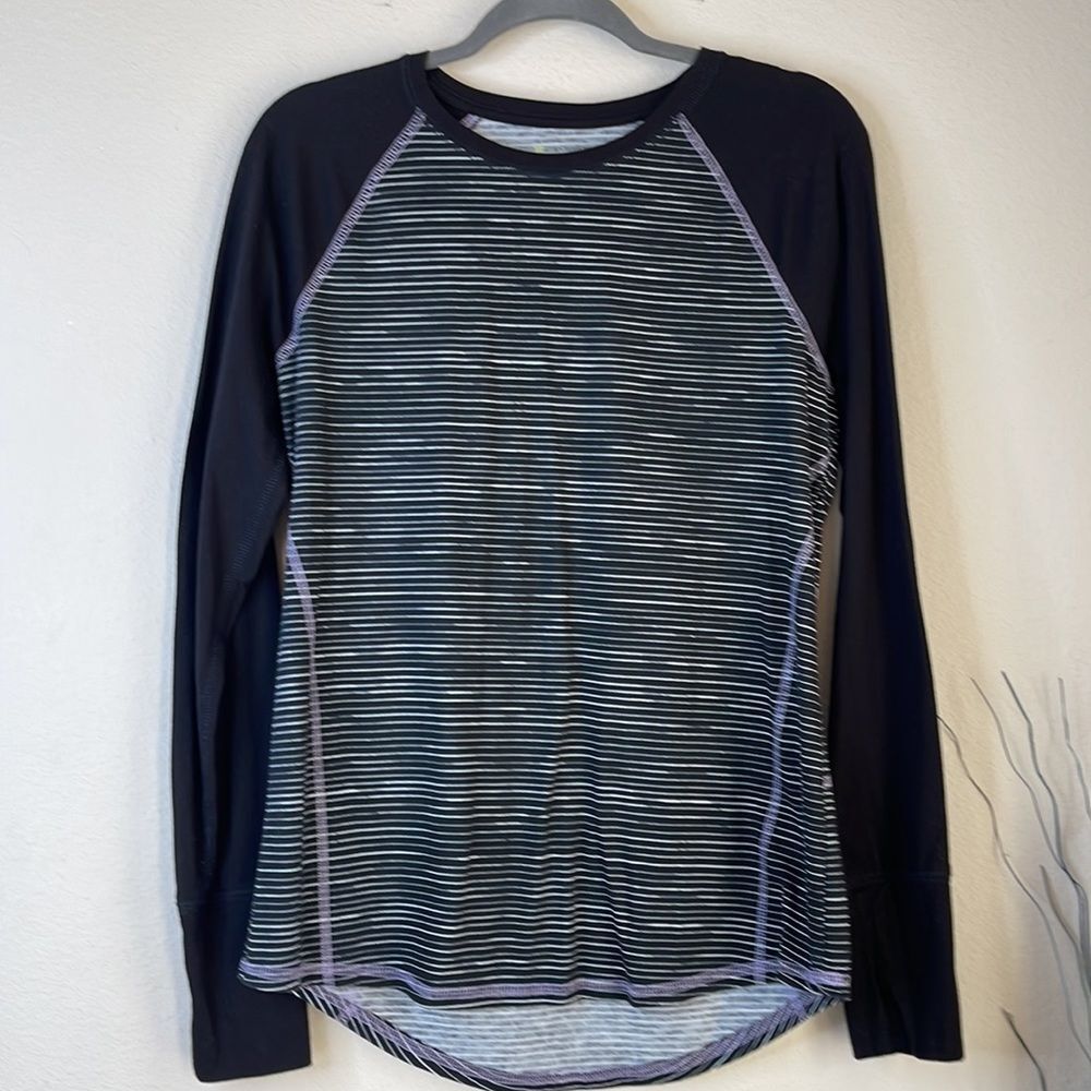 Tek Gear DryTek Striped Henley Shirt Black Gray Long Sleeve Medium